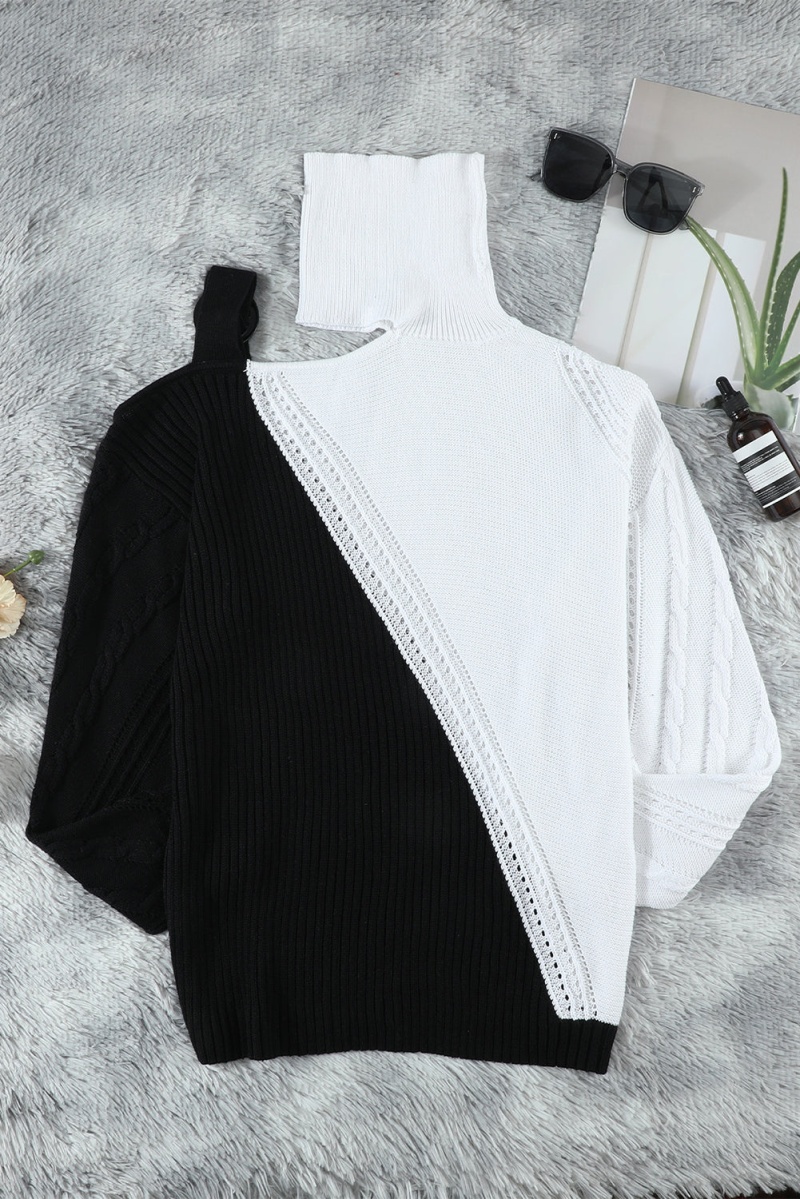 Winter Black White Turtleneck Cold Shoulder Sweater