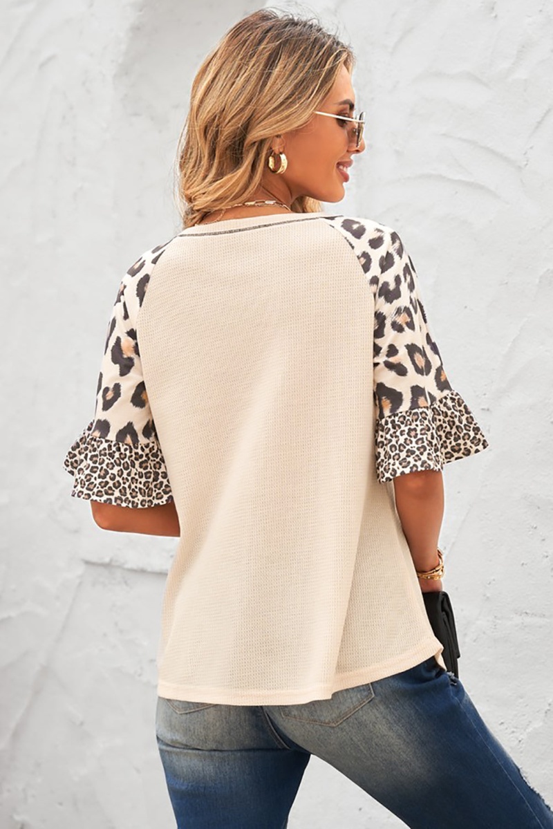Mixed Leopard Ruffle Sleeve Waffle V Neck Knit Top