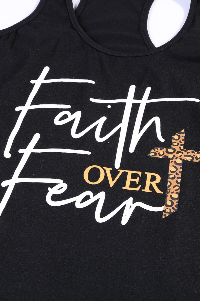 Women's Summer Black Printed Cross Faith Over Fear Tank Top