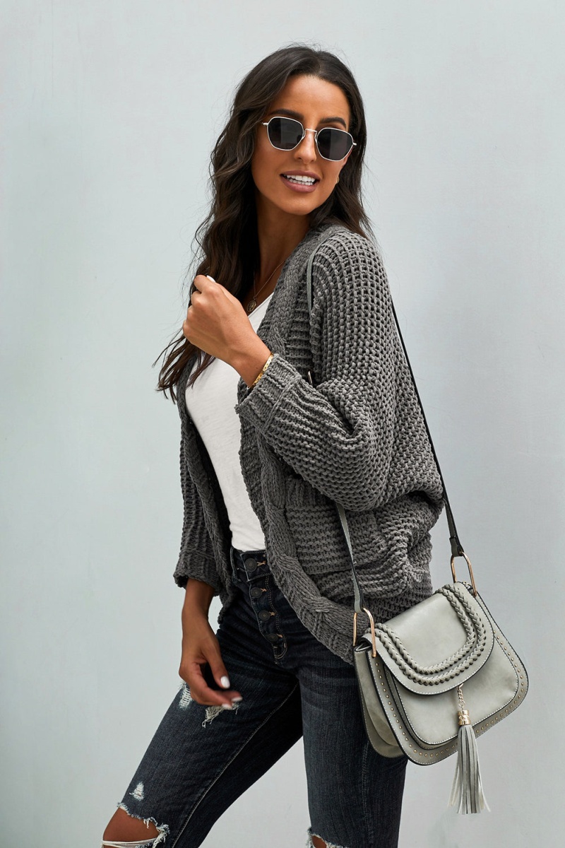 Gray Chunky Knit Solid Pocket Cardigan