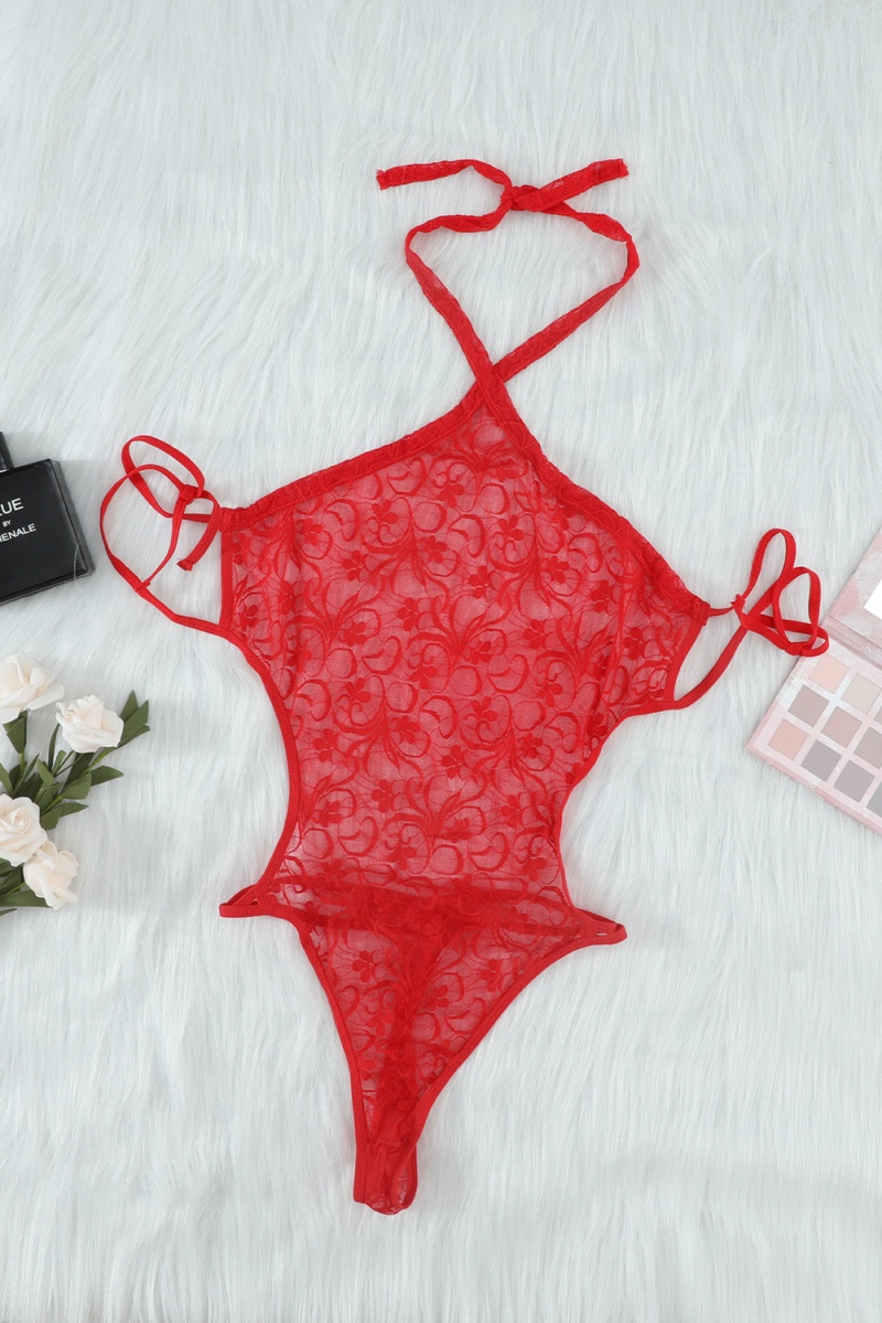 Red Halter Neck Backless Strappy Lace Teddy Lingerie