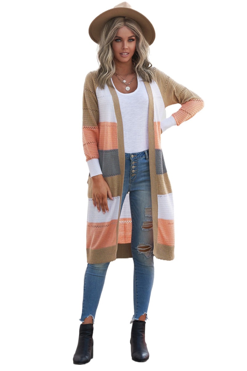 Multicolor Color Block Eyelet Knitted Lightweight Long Cardigan