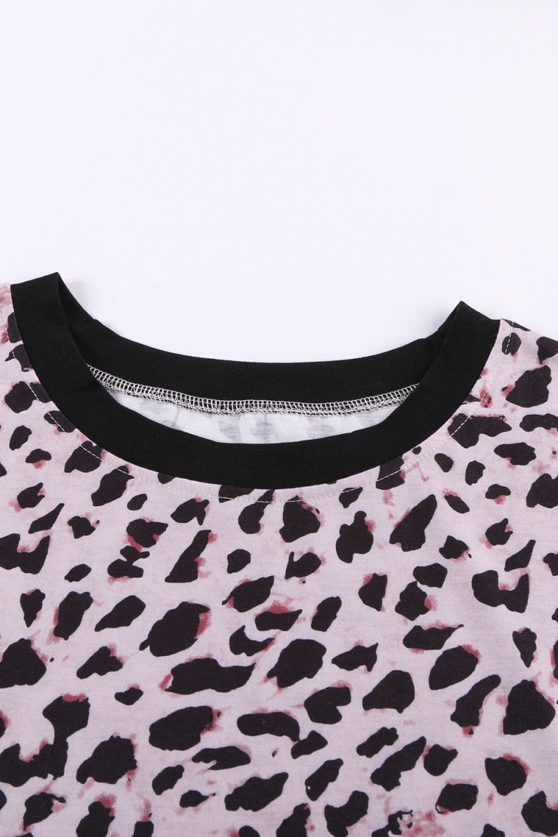 Casual Short Sleeve Contrast Neck Leopard T-Shirt Mini Dress