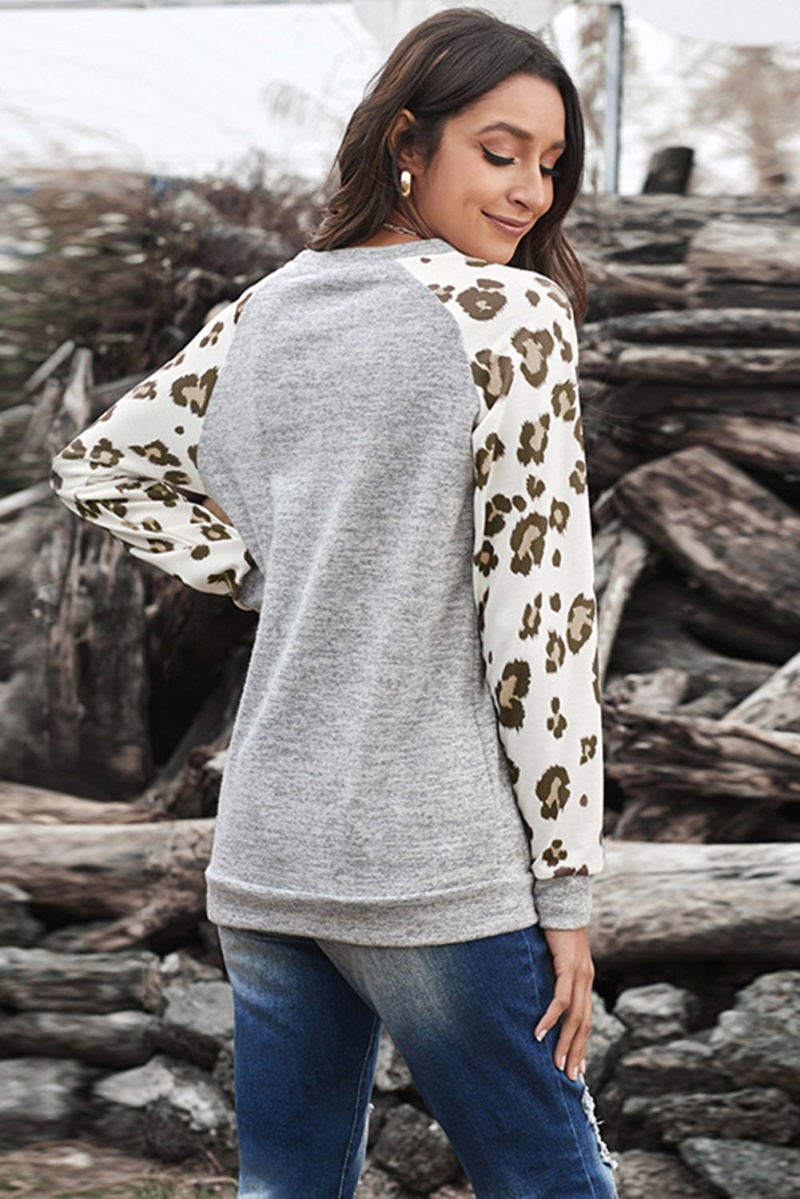 Fashion Gray Round Neck Leopard Long Sleeve Top