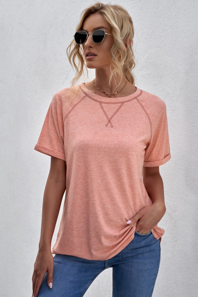 Women's Short Sleeve Pink Heathered Round Neck T-Shirt