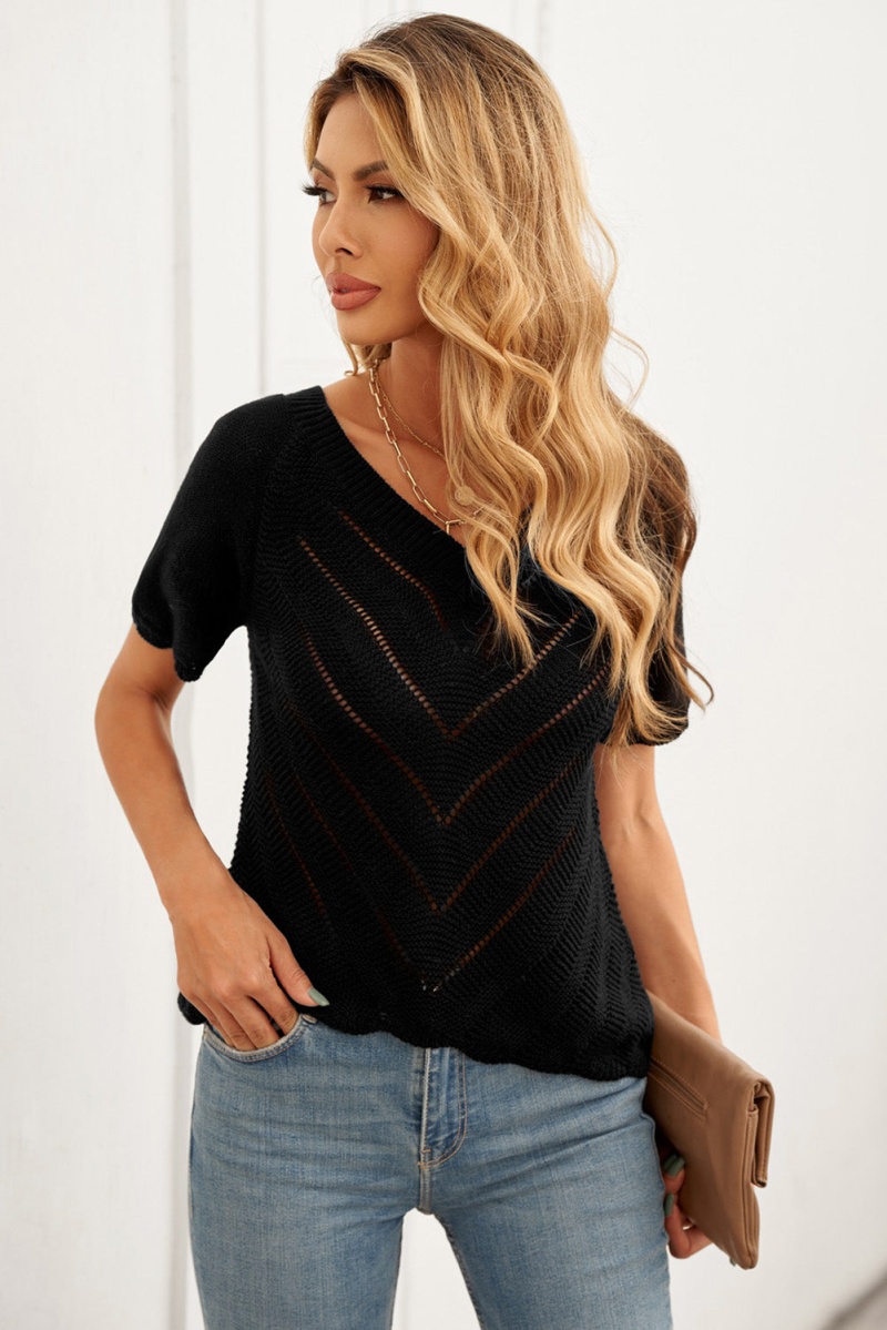 Short Sleeve Black V Neck Eyelet Knitted Top With Scalloped Trims