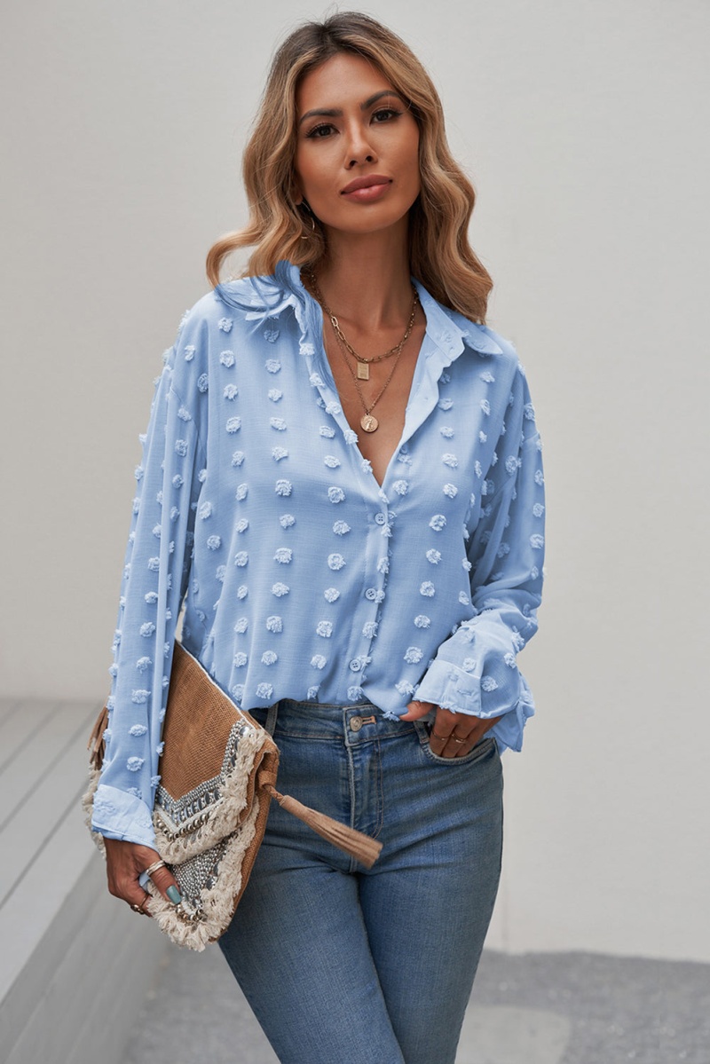 Women's Sky Blue Long Sleeve Button Fuzzy Polka Dot Work Shirt