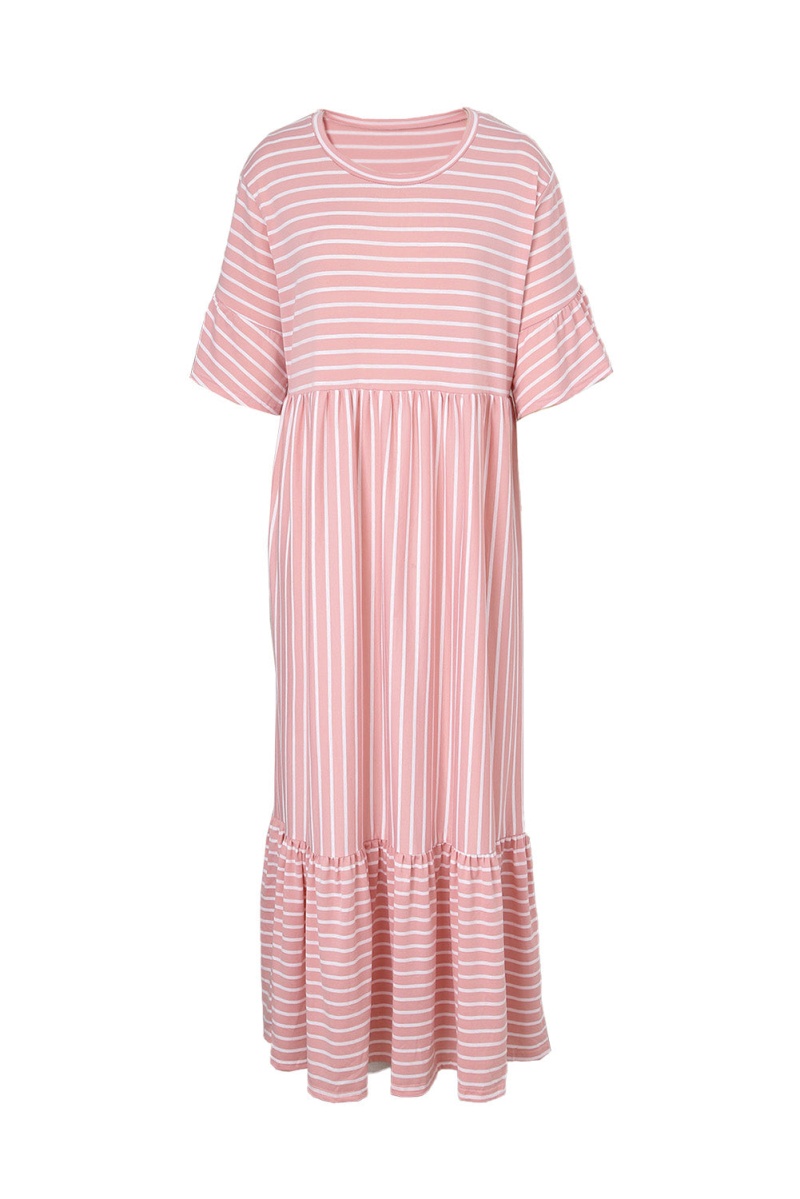 Casual Pink Striped Crewneck Ruffle Short Sleeve Plus Size Maxi Dress