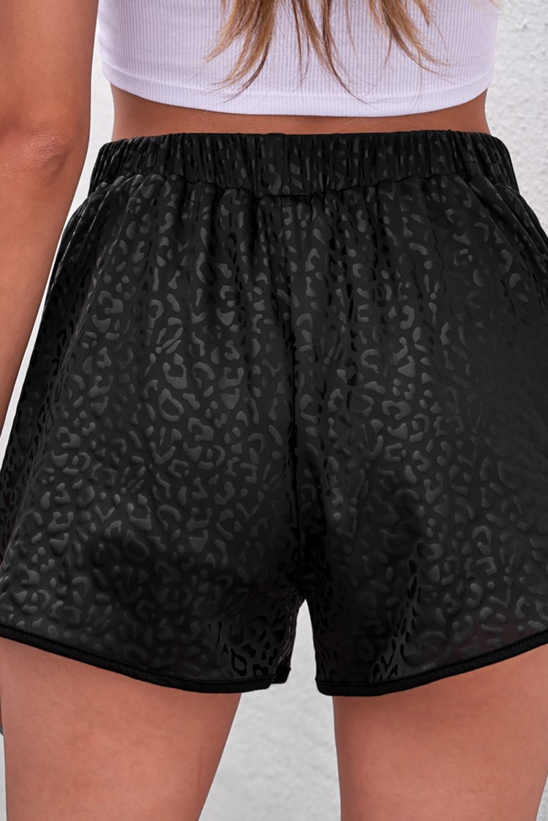Casual Women's Black Leopard Drawstring Everyday Shorts