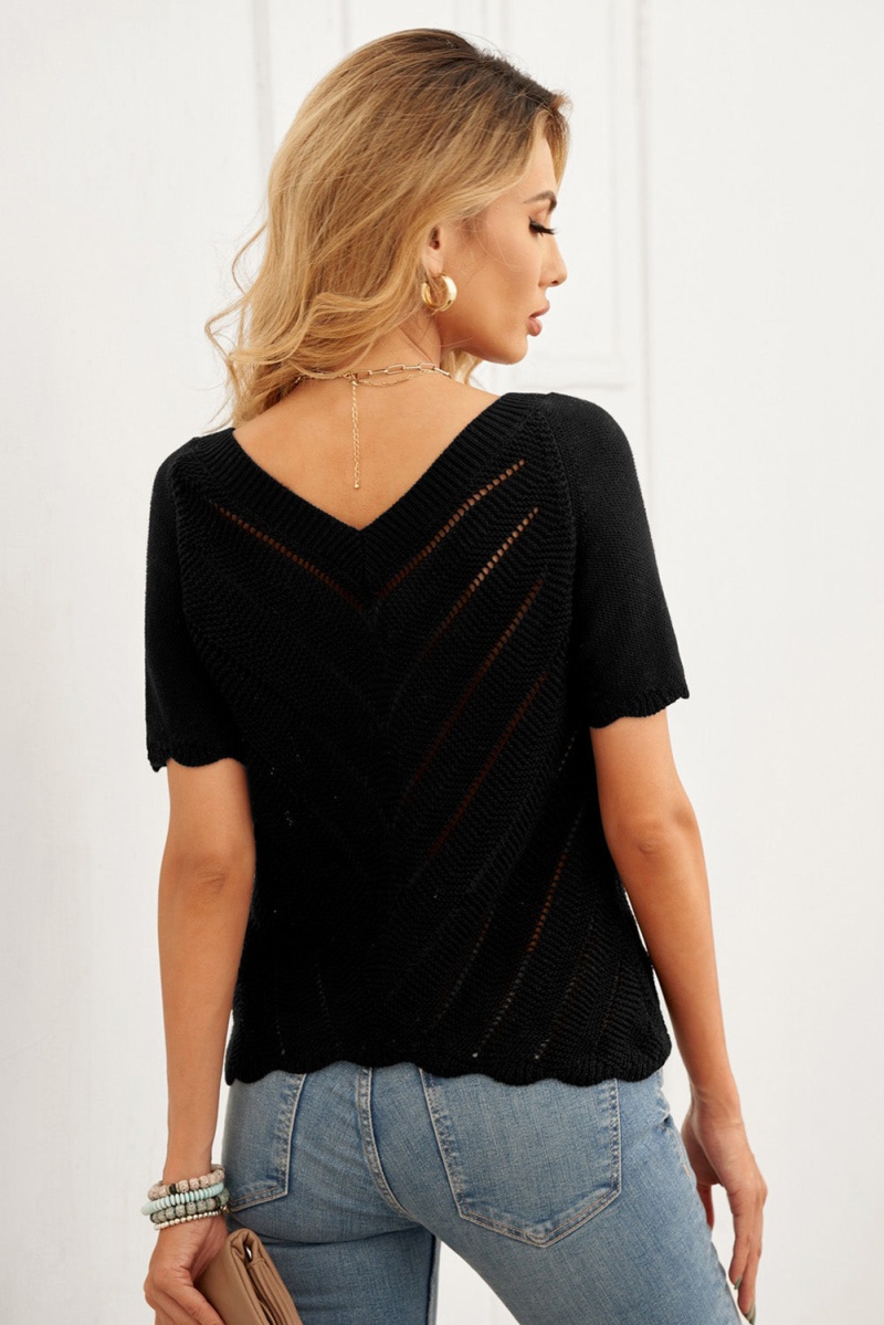 Short Sleeve Black V Neck Eyelet Knitted Top With Scalloped Trims