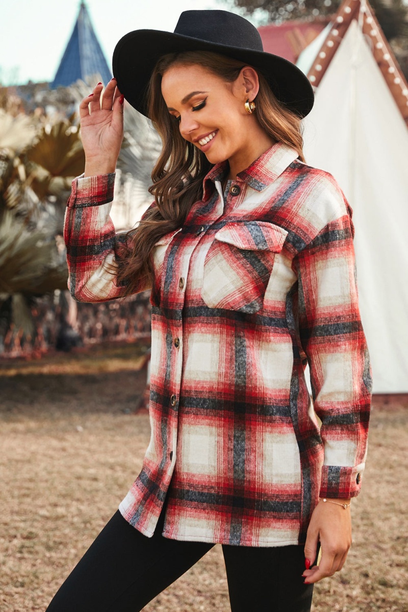 Women's Fall Red Turn Down Neck Plaid Pocket Button Closure Coat