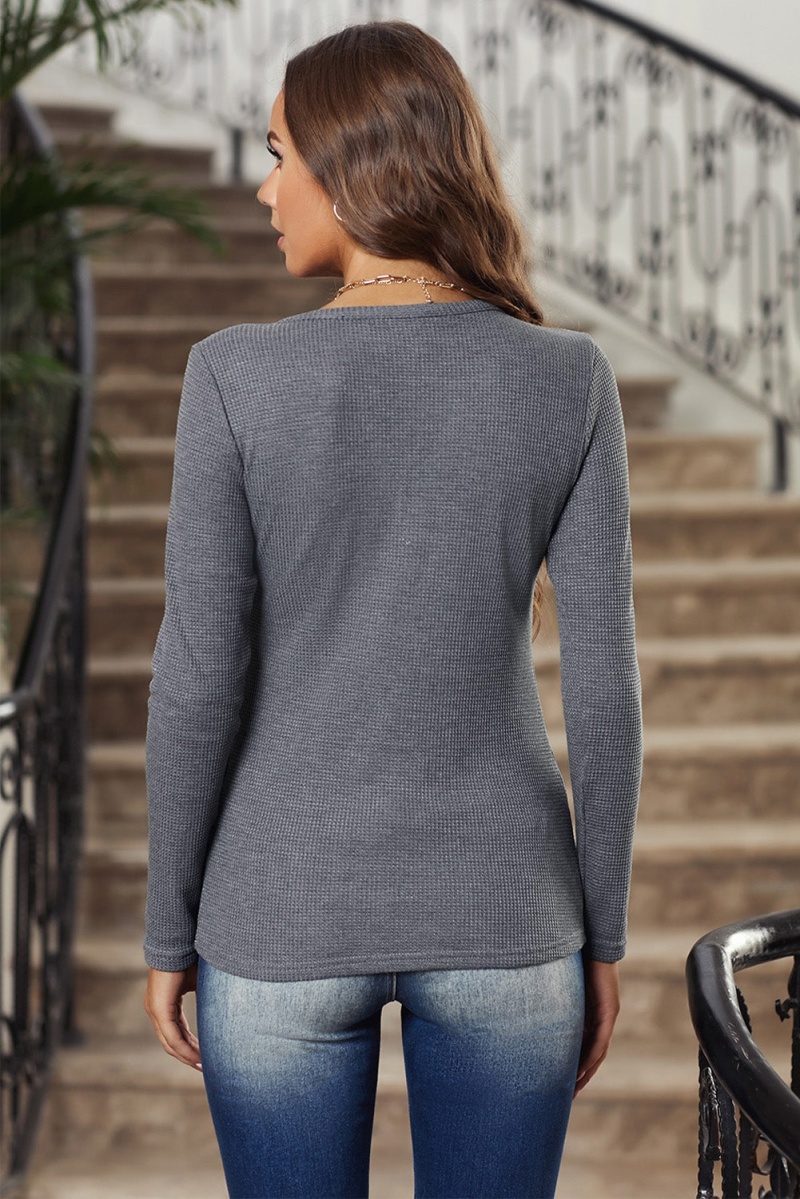 Women's Gray V Neck Cotton Blend Long Sleeve Top