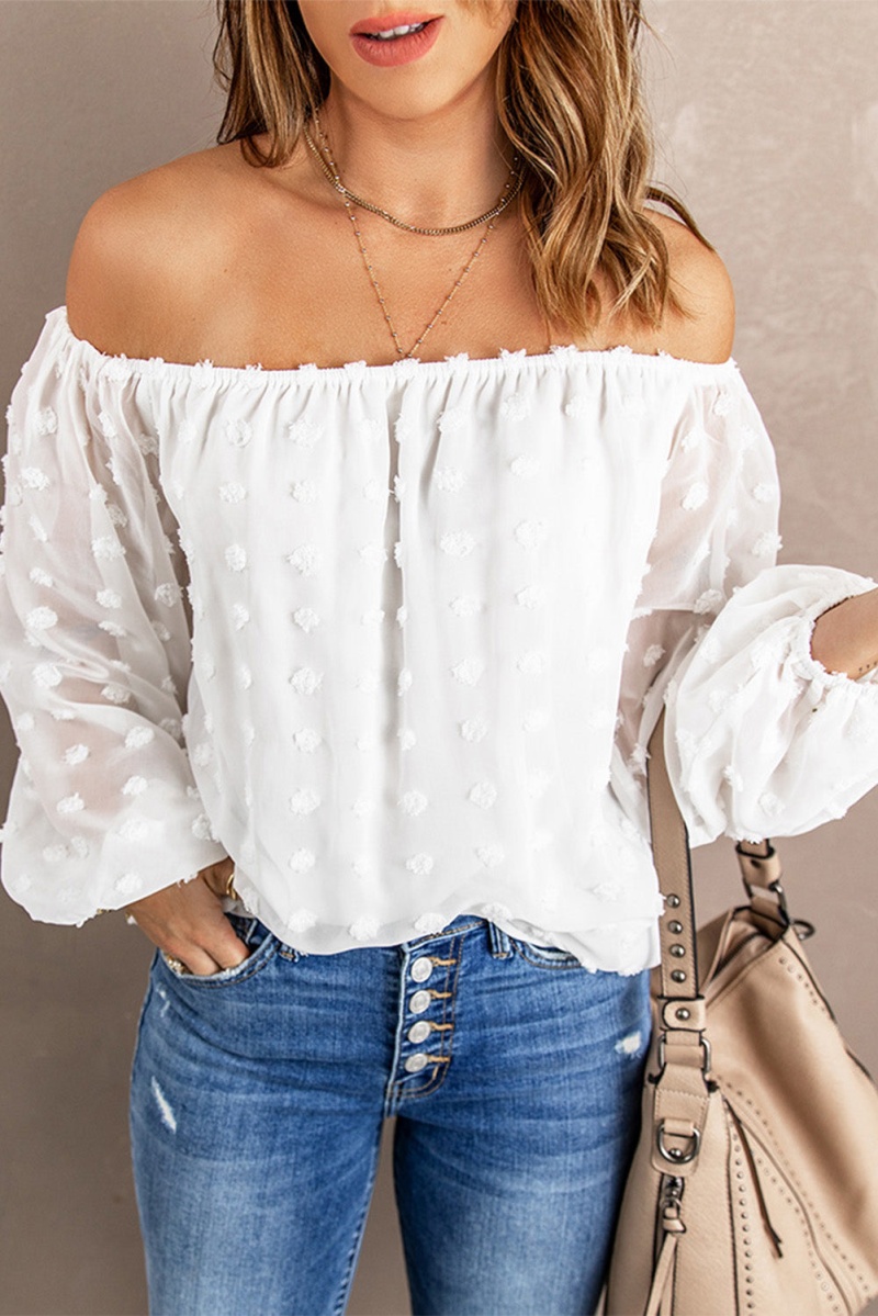 Chic White Off Shoulder Swiss Dot Blouse