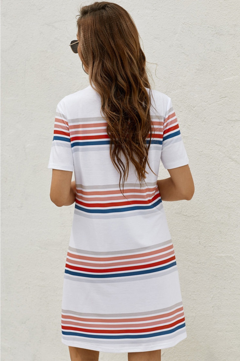 White Striped Print Round Neck Short Sleeve T-Shirt Mini Dress