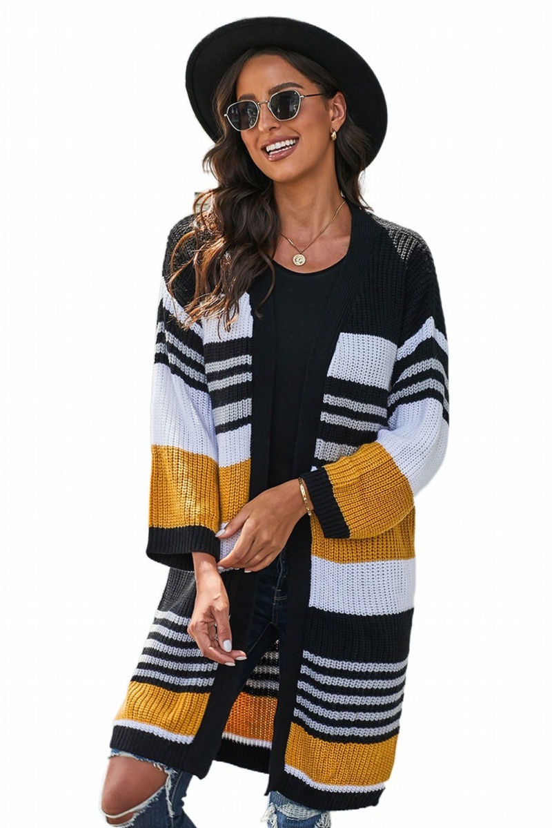 Multicolor Pocketed Novelty Striped Chenille Long Cardigan