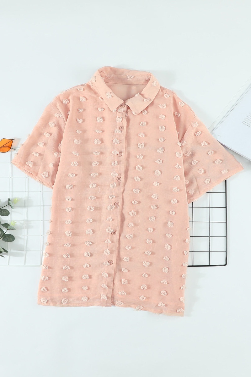 Classic Khaki Buttoned Swiss Dot Turn-Down Collar Short Sleeve Shirt