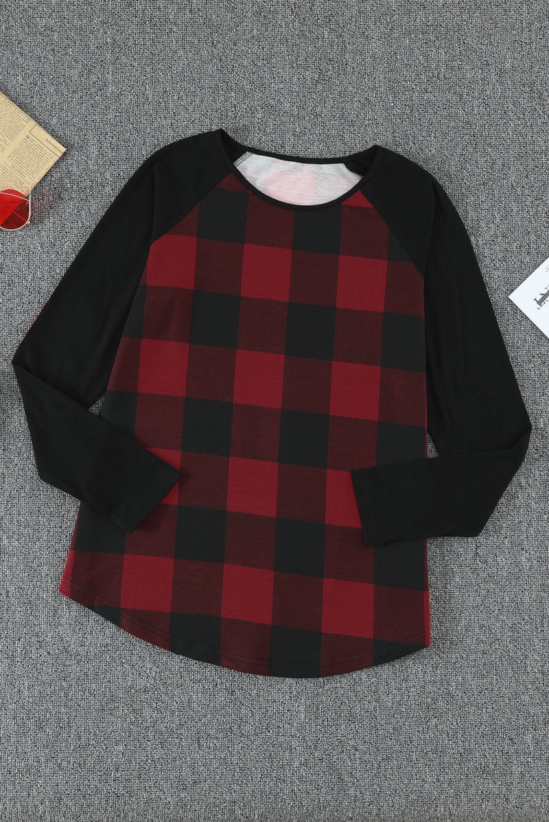 Red Plaid Elbow Patch Long Sleeve Top
