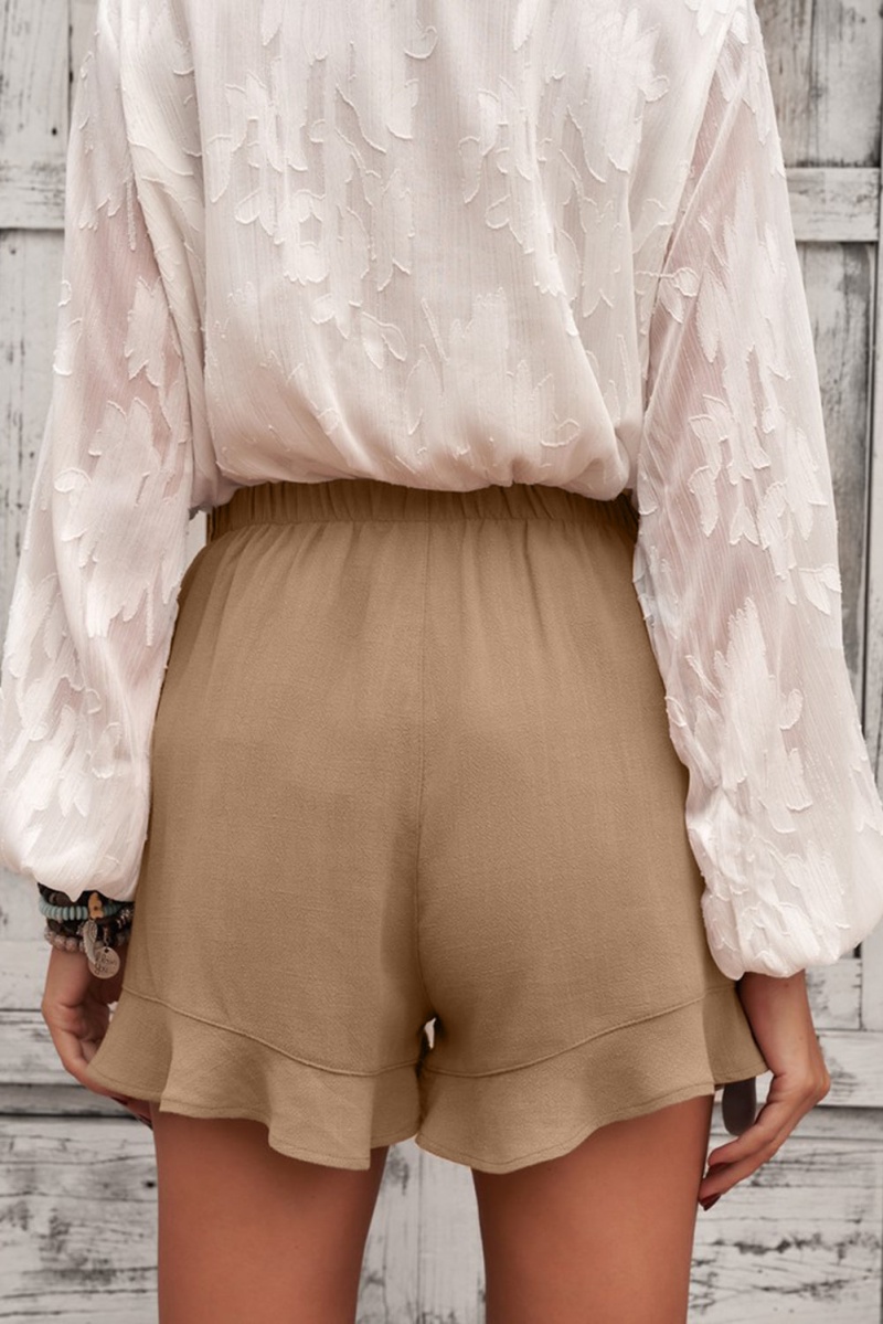 Women's Casual Pocketed Flutter Khaki Linen Cotton Shorts
