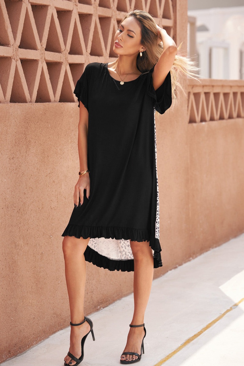 Black Flounce Design Animal Printed Short Sleeve Casual Mini Dress