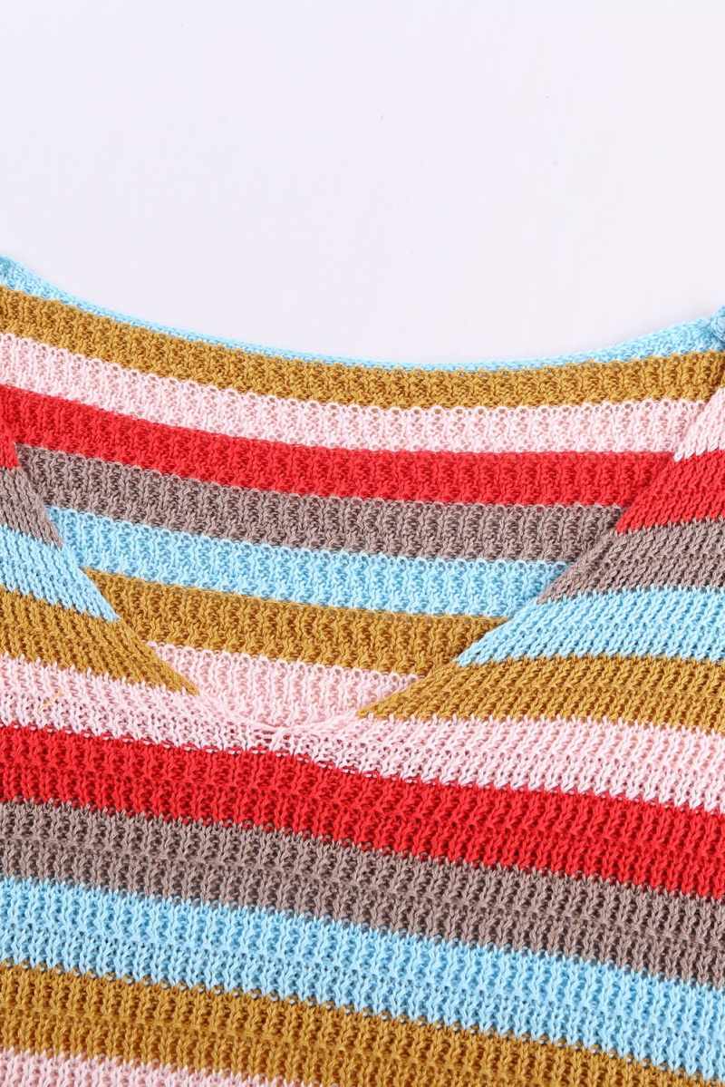 Cute Multi-Color Striped Ruffle Short Sleeve Summer Knit Top