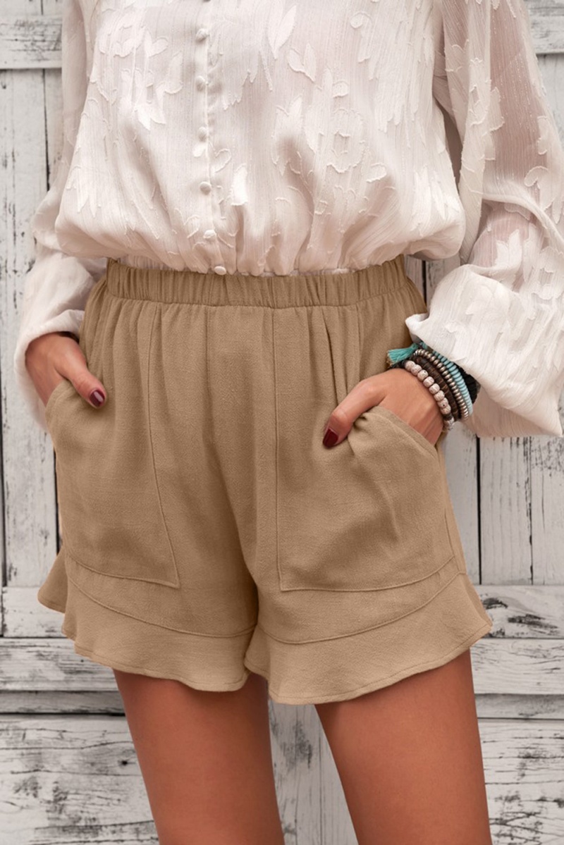 Women's Casual Pocketed Flutter Khaki Linen Cotton Shorts