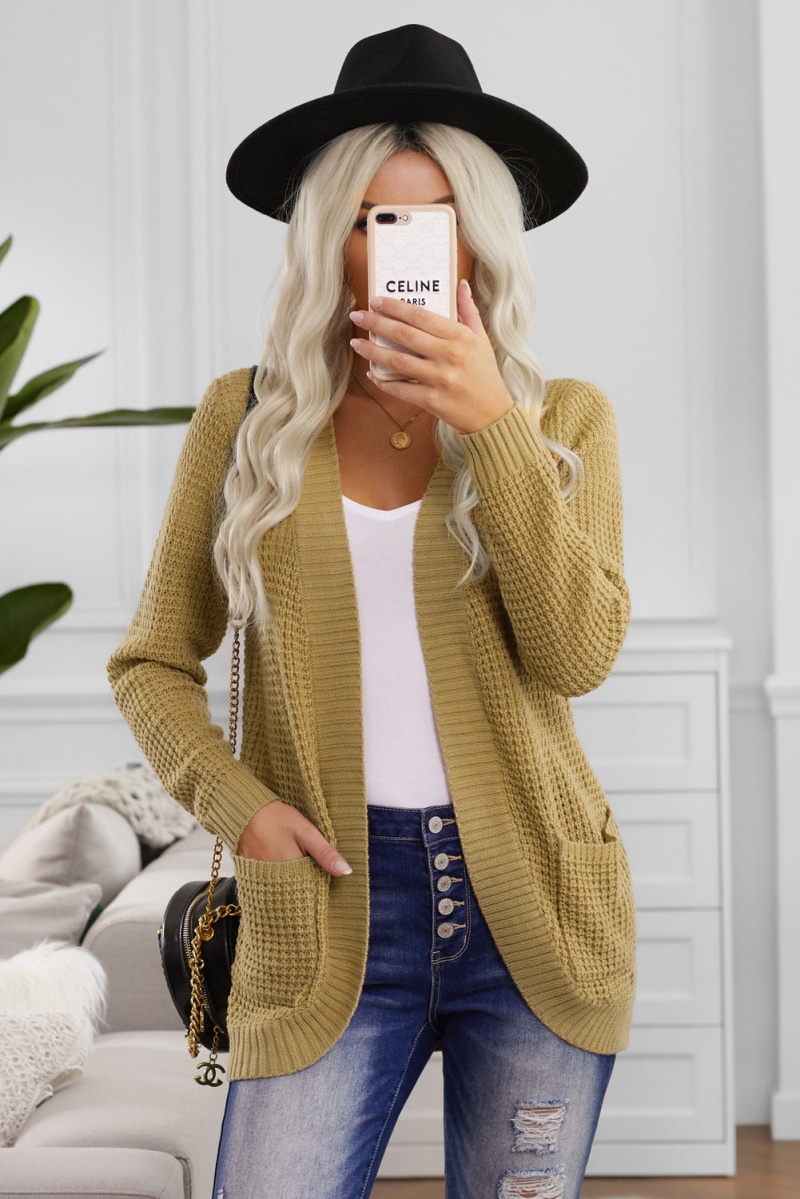 Casual Khaki Pocket Knitted Solid Color Cardigan
