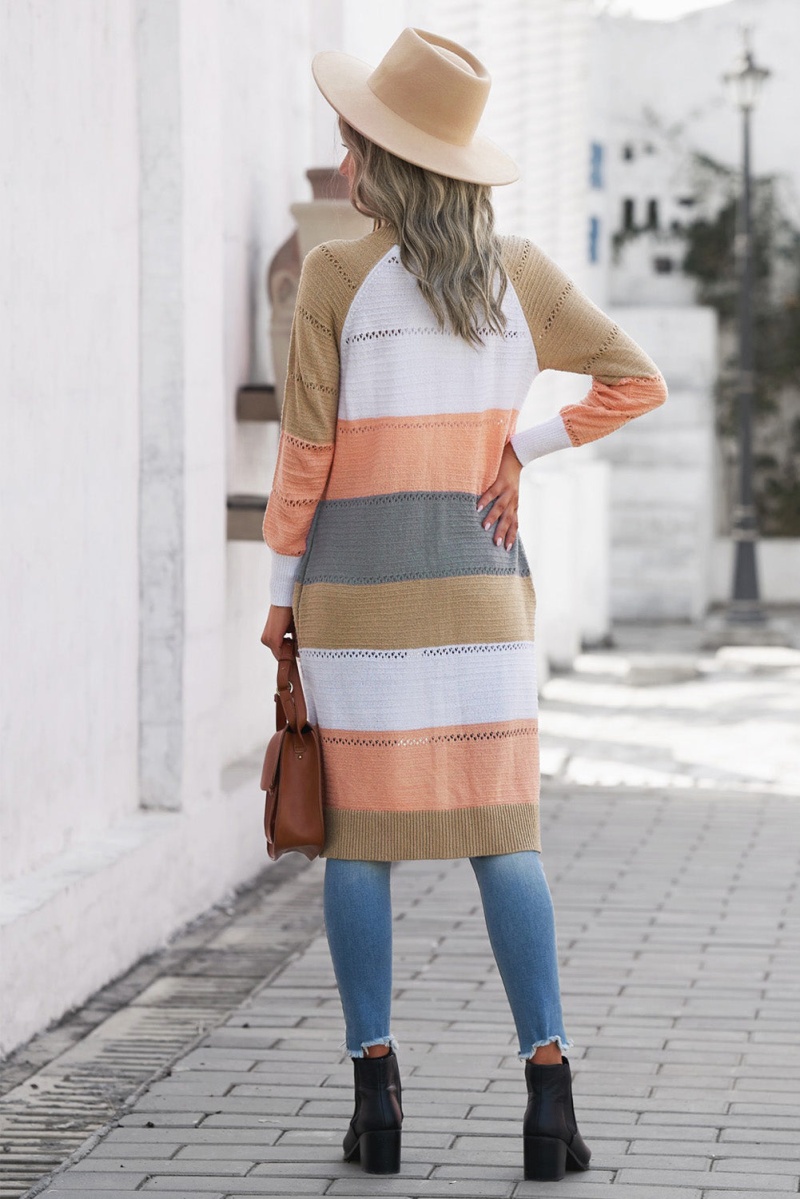 Multicolor Color Block Eyelet Knitted Lightweight Long Cardigan