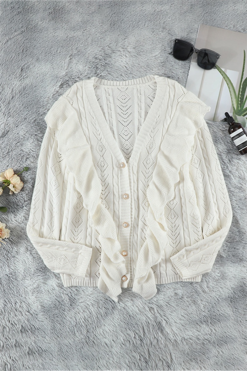 Chic White Ruffled Buttoned Open Front V Neck Knitted Sweater