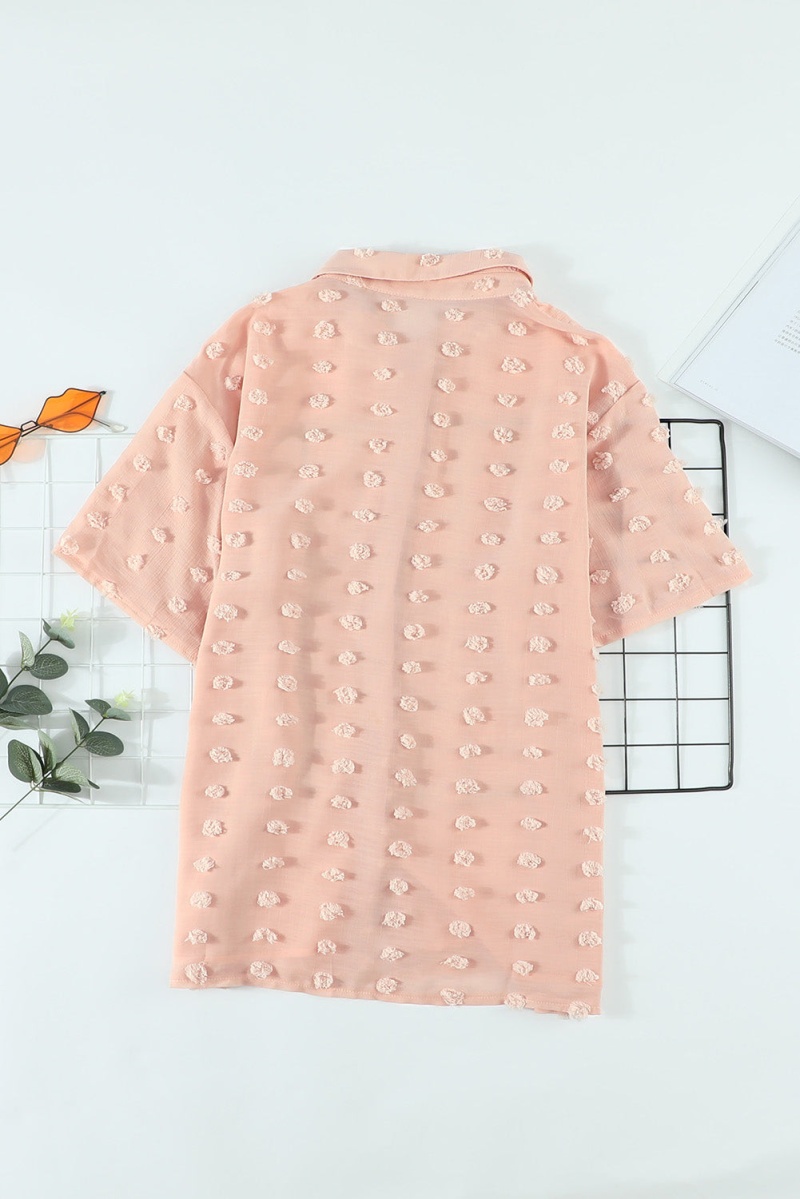 Classic Khaki Buttoned Swiss Dot Turn-Down Collar Short Sleeve Shirt