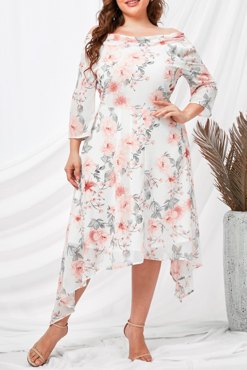 Elegant White Plus Size Crewneck Half Sleeve Floral Midi Dress