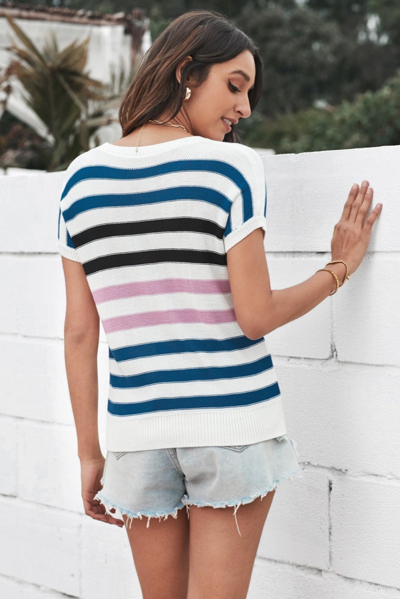 Multi-Color Short Sleeves Crew Neck Striped Knitted Top