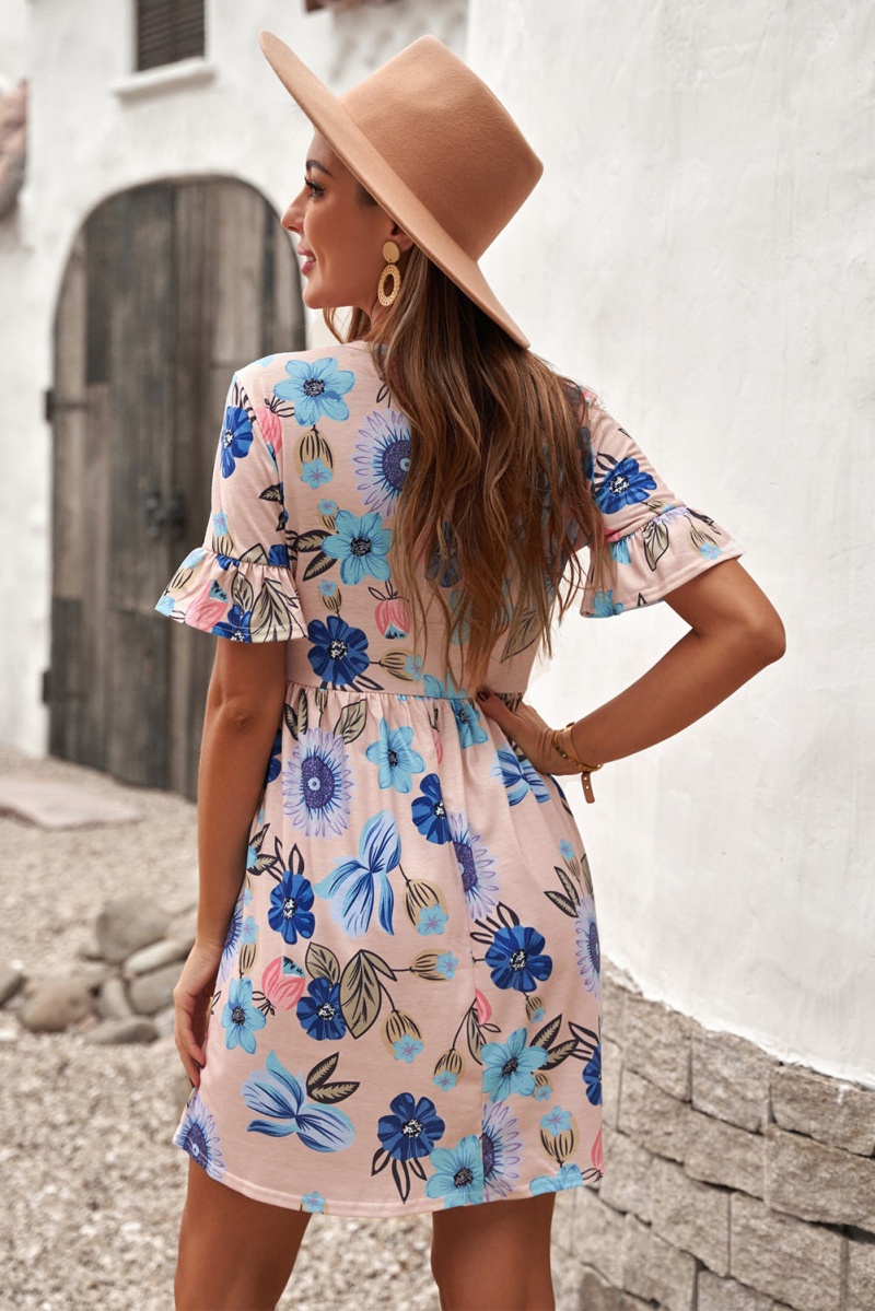 Pink Ruffled Round Neck Short Sleeve Floral Dress