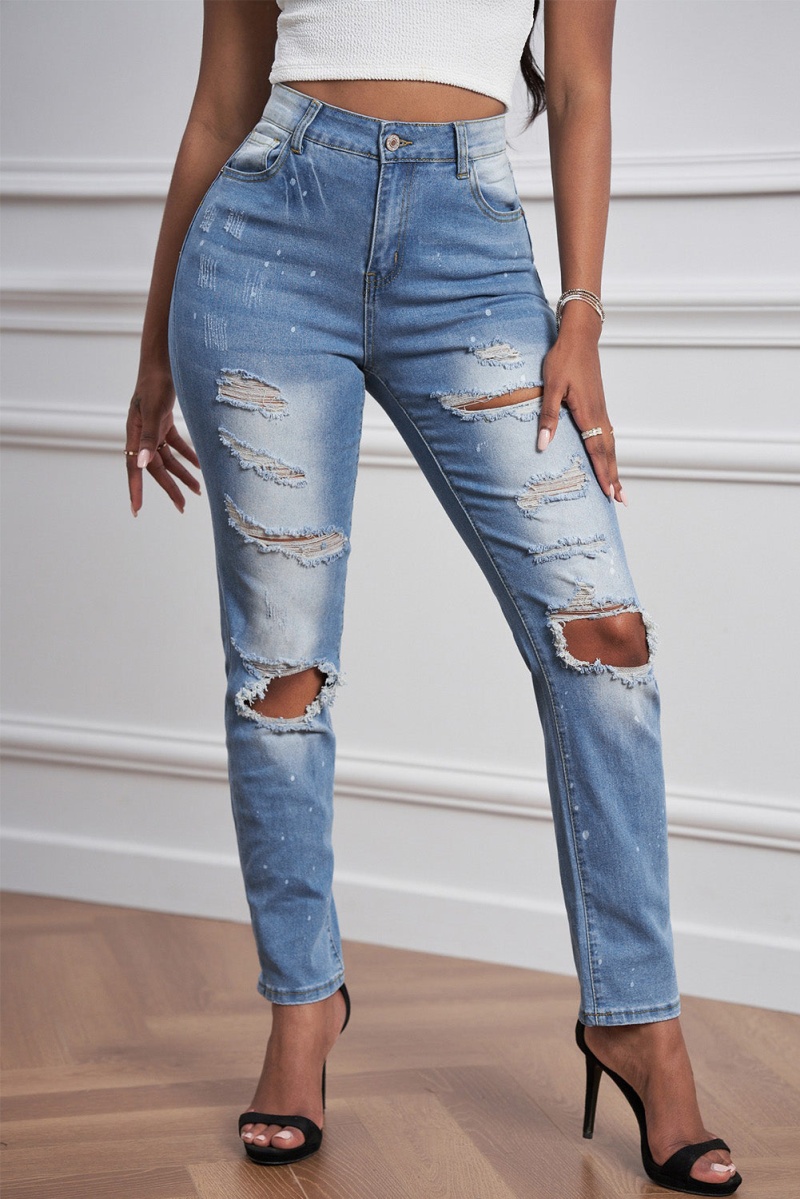 Women's Fashion Light Blue Ripped Straight Leg Jeans