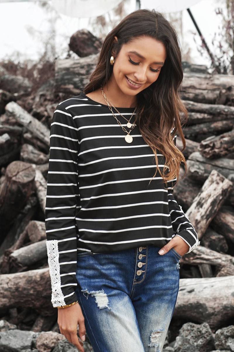 Black White Striped Lace Button Detail Long Sleeve Top