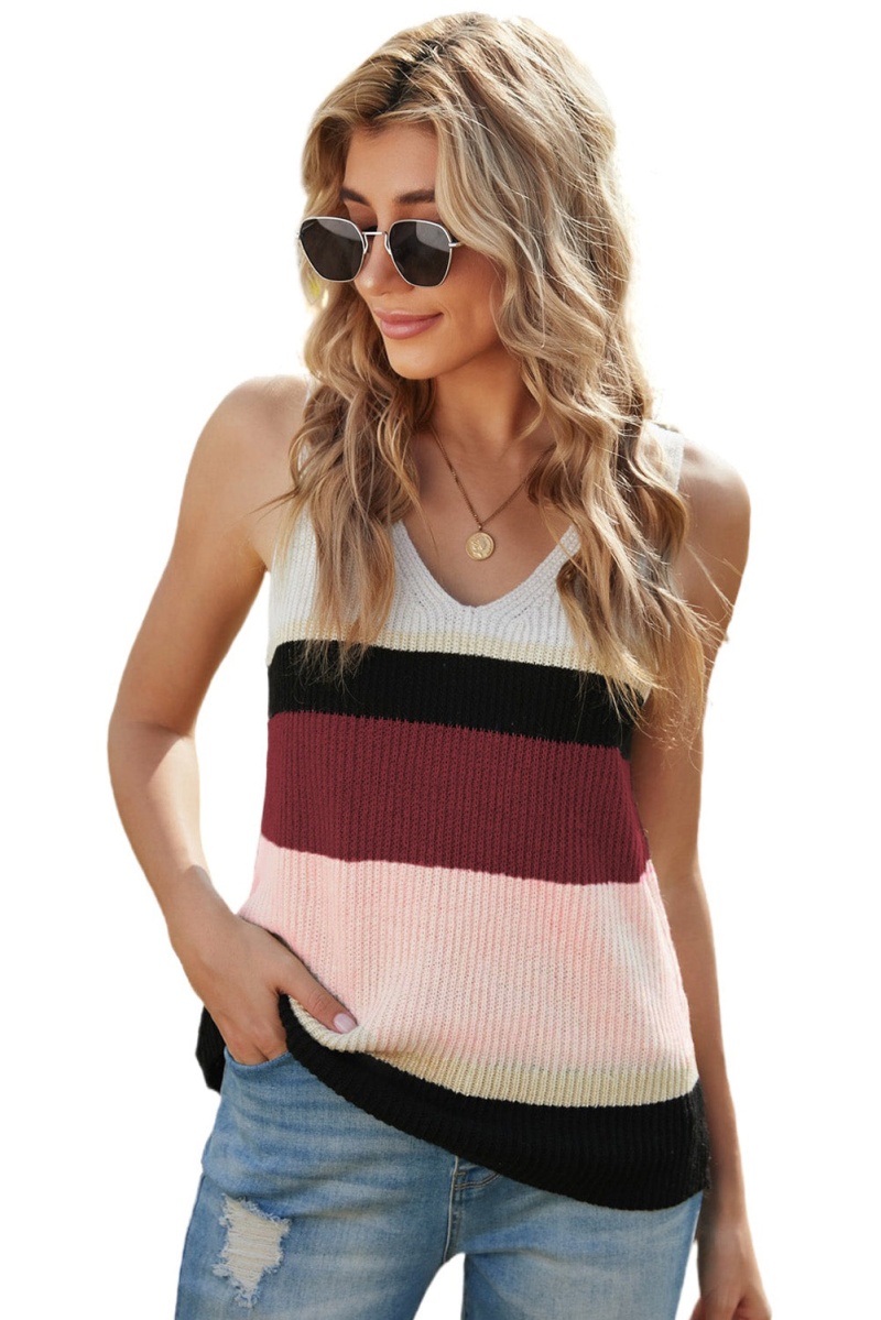 Red Color Block V Neck Knitted Sweater Vest