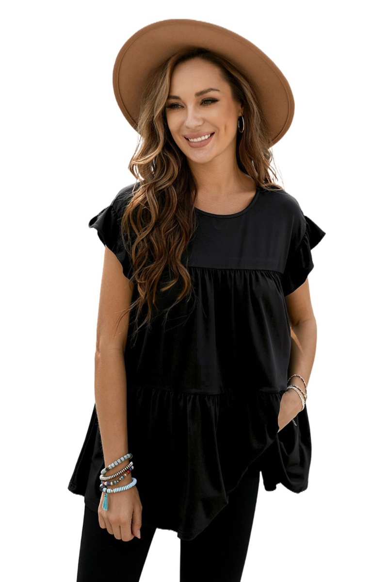 Black Short Sleeve Keyhole Loose Ruffled Babydoll Top