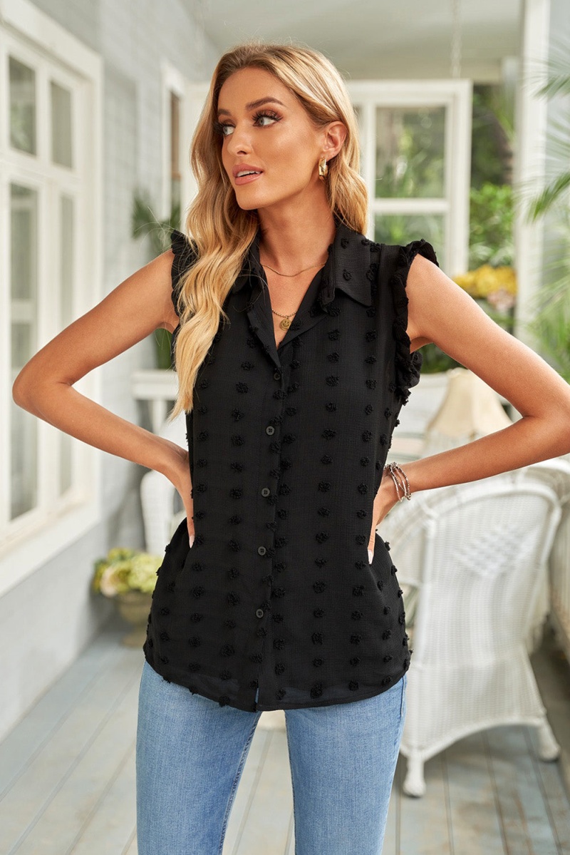Black Turn-Down Collar Ruffle Polka Dot Tank