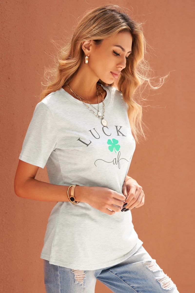 Women Gray Short Sleeve Lucky Af Graphic Tee