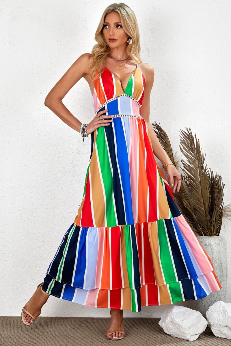 Crochet Insert Multicolor Striped Spaghetti Strap Backless Maxi Dress