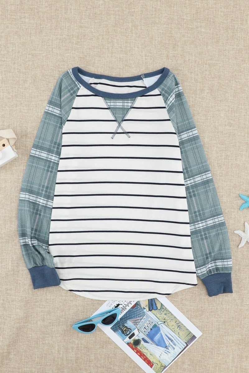 Green Plaid Raglan Sleeve White Striped Top