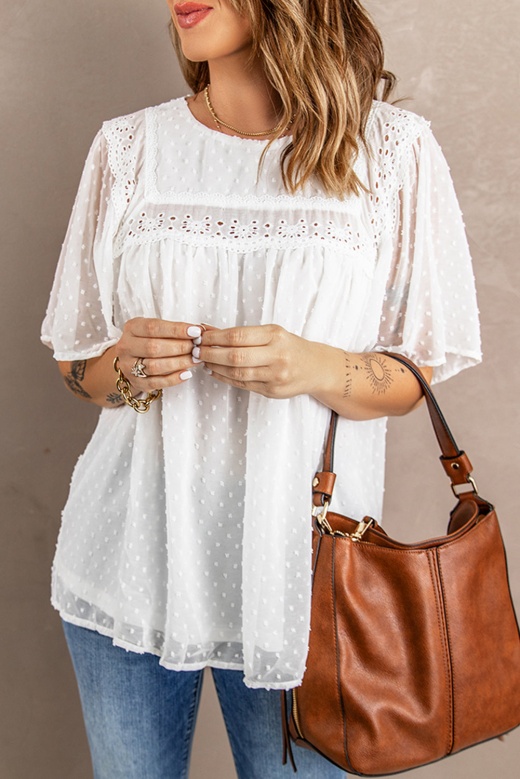 Chic White Flutter Sleeves Sheer Textured Babydoll Top for Women