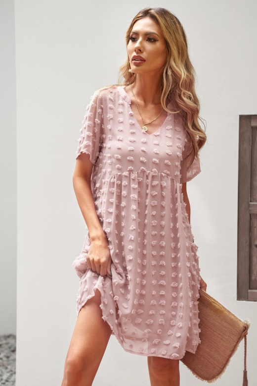 Cute Pink V Neck Pompom Babydoll Style Short Sleeves Flowy Mini Dress