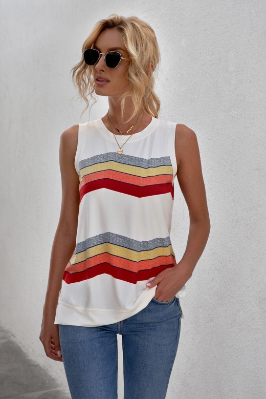 Women's Crew Neck White Colorblock Stripes Tank Top - Modeshe