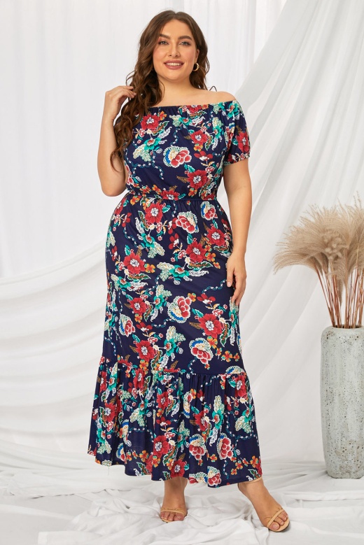 Black Off-The-Shoulder Floral Ruffle Short Sleeve Plus Size Maxi Dress