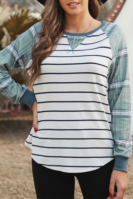 Green Plaid Raglan Sleeve White Striped Top