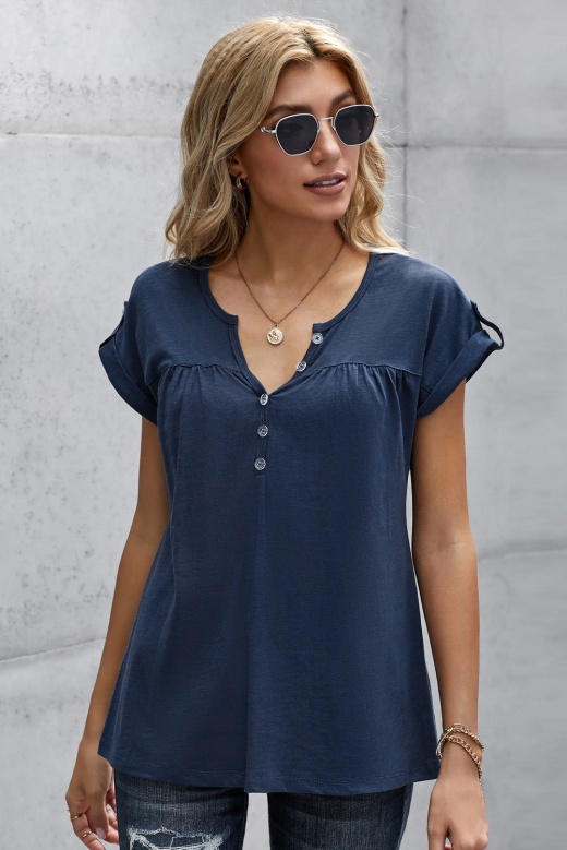 Women's Old Fashioned Blue Buttoned Detail Cotton Blend Short Sleeve T-Shirt