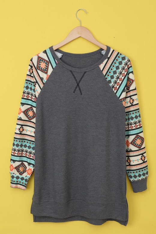 Modeshe Women Gray Tribal Print Waffle Knit Pullover With Side Slit