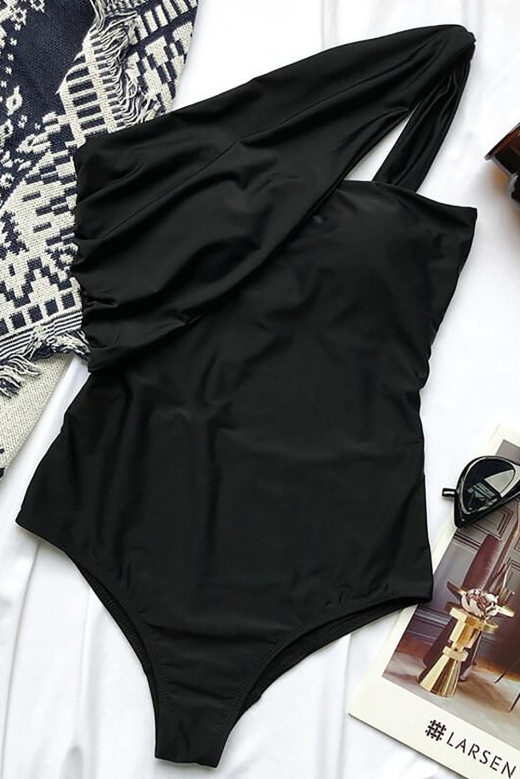 Black Asymmetric One-Shoulder One-Piece Swimwear