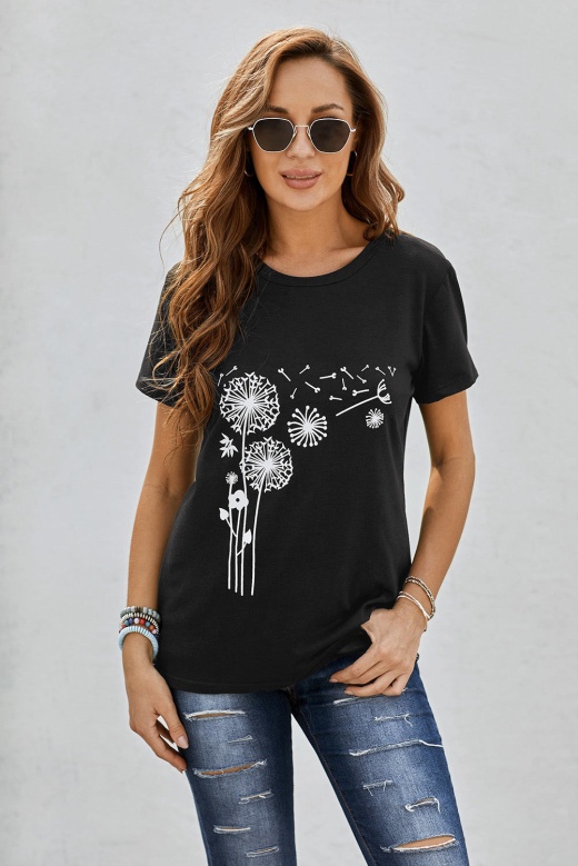 Women's Black Crew Neck Dandelion Print Short Sleeve T-Shirt - Modeshe
