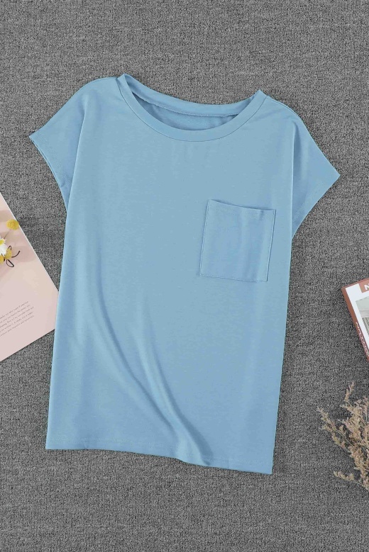 Sky Blue Knit Pocketed Side Slits Short Sleeve Tee